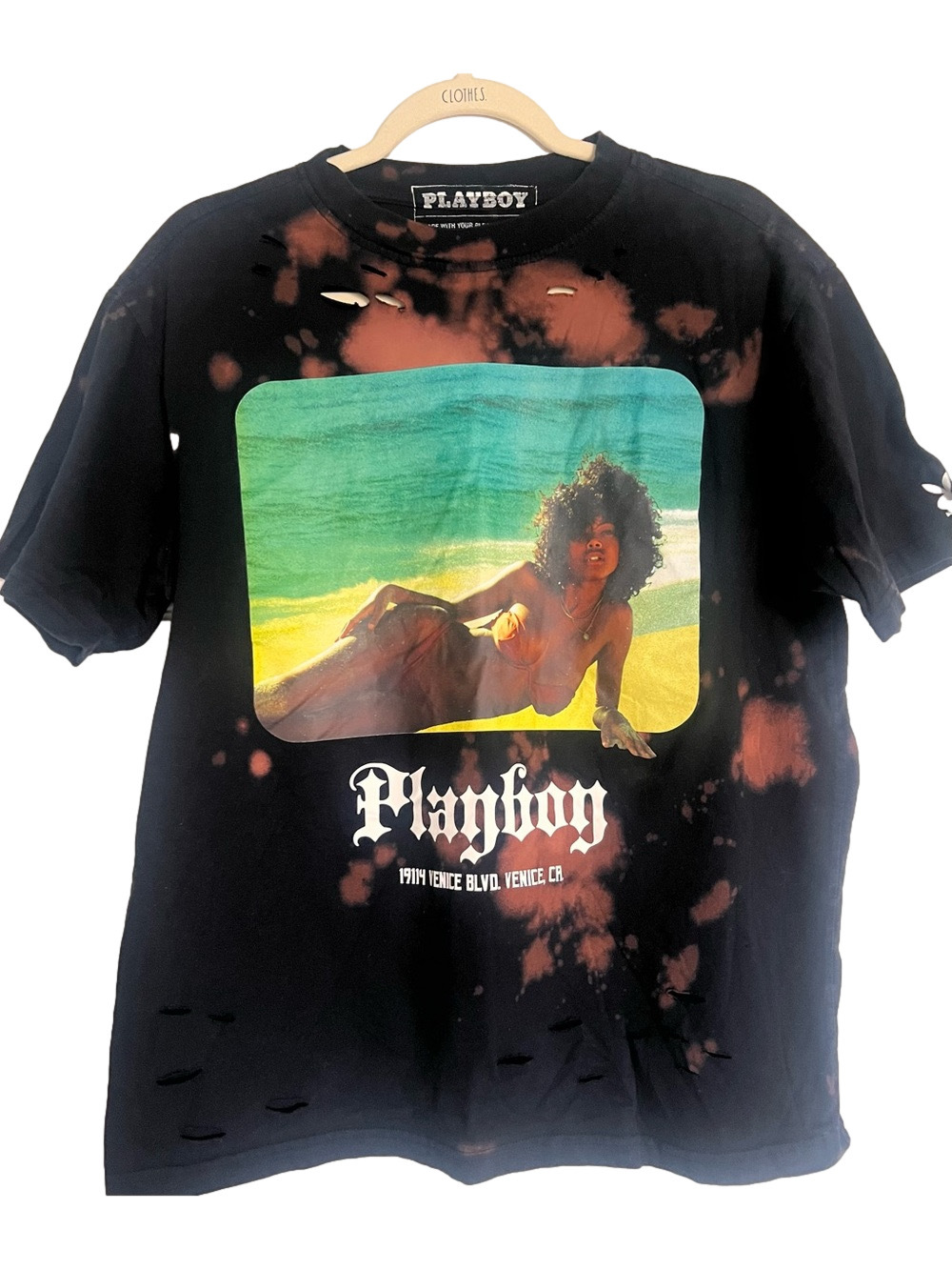 Playboy Venice Beach CA Unisex Upcycled Bleached Distressed T-Shirt - Medium